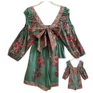 Farm Rio Anthropologie Green Floral Puff Sleeve Romper S